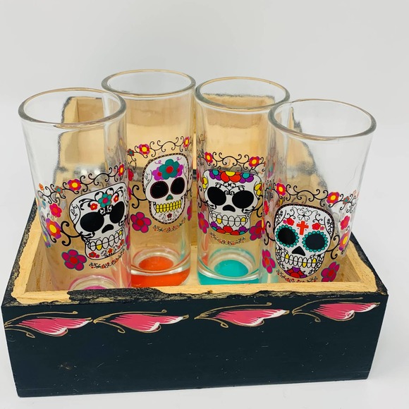 Vintage Halloween Sugar Skull Barware Shot GlassSet With Hand Painted Wood Box - Picture 4 of 12